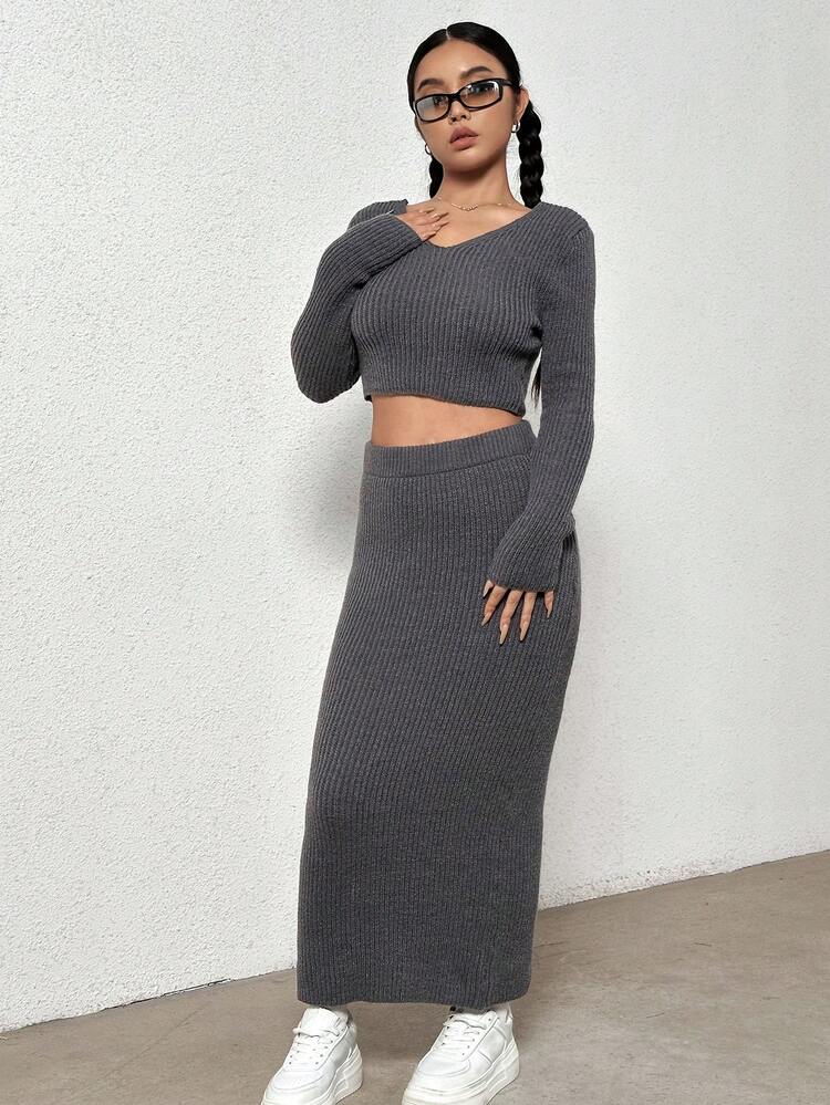 Solid Crop Sweater & Knit Skirt