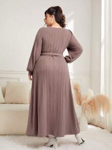 Seusyu Plus Lantern Sleeve Belted Dress - Dusty Pink - View 3