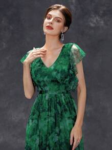 Women's Floral Print Ruffle Sleeve Elegant Mother Of The Bride Dress - Dark Green - View 6