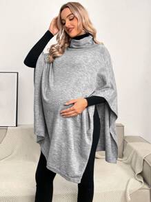 SHEIN 孕妇高领斗篷袖开衩下摆斗篷，适合冬季 - 淺灰色 - 查看 5