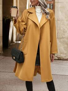SHEIN LUNE Lapel Neck Drop Shoulder Pocket Patched Belted Overcoat Fall Cloth For Women - Khaki - View 1