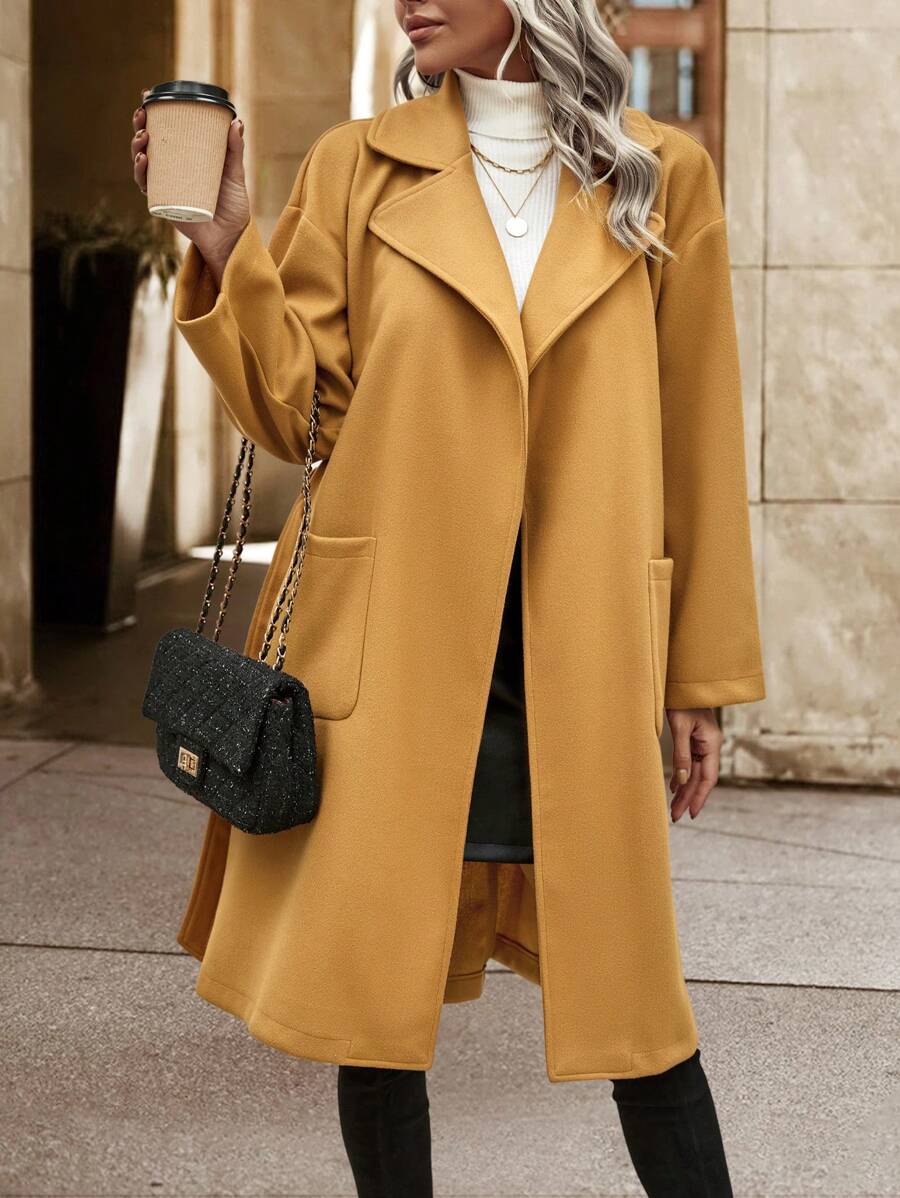 SHEIN LUNE Lapel Neck Drop Shoulder Pocket Patched Belted Overcoat Fall Cloth For Women - Khaki - View 1