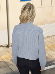 SHEIN EZwear Dây kéo Thả vai Đồ đan Ribbed Áo len Mở - Xám - Xem 2
