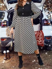 Calvaya Plus Wave Striped Print Lantern Sleeve Dress - Black - View 4