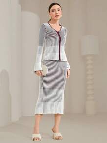 Modelyn Striped Pattern Cardigan & Knit Skirt - Burgundy - View 5