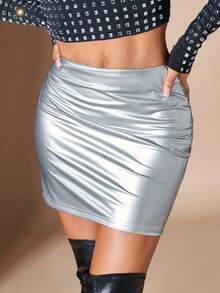 SHEIN BAE Solid PU Leather Bodycon Skirt - Silver - View 6
