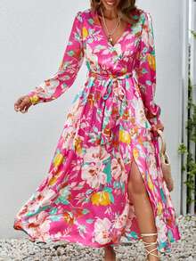 SHEIN VCAY Floral Print Split Thigh Belted Dress - Hot Pink - View 5