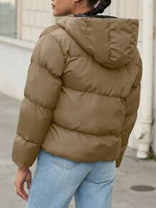 RueChic Zip Up Hooded Puffer Coat - Camel - View 2