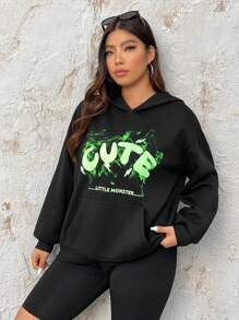 SHEIN EZwear Plus Size 3d Ear Detail Kangaroo Pocket Lettered Hooded Sweatshirt