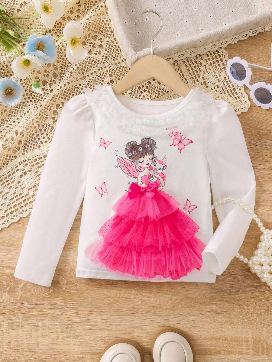 SHEIN Young Girl Figure Graphic Contrast Mesh Puff Sleeve Tee - White - View 1