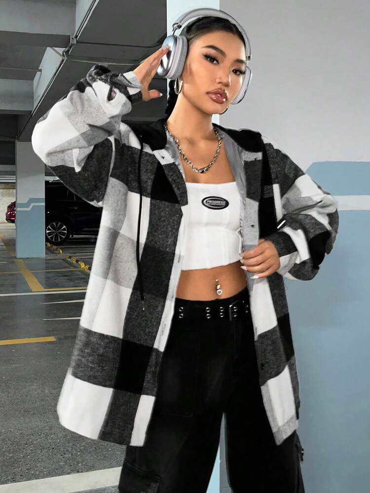 Buffalo Plaid Print Drawstring Hooded Overcoat