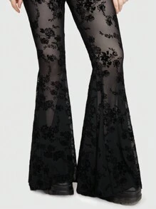 ROMWE Fairycore Lace Flared Pants - Black - View 7