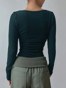 DAZY 圆领纯色修身T恤，秋季女装长袖上衣，保暖内衬 - 墨綠色 - 查看 5