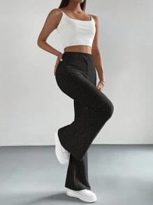 RueChic Women's Ribbed Flared Pants - Black - View 3