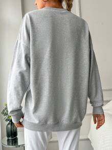 EURMUSE Women's Slogan Print Crew Neck Dropped Shoulder Long Sleeve Casual Loose Sweatshirt - Grey - View 2
