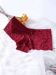 Floral Lace Bow Front Boyshorts - Burgundy - View 3