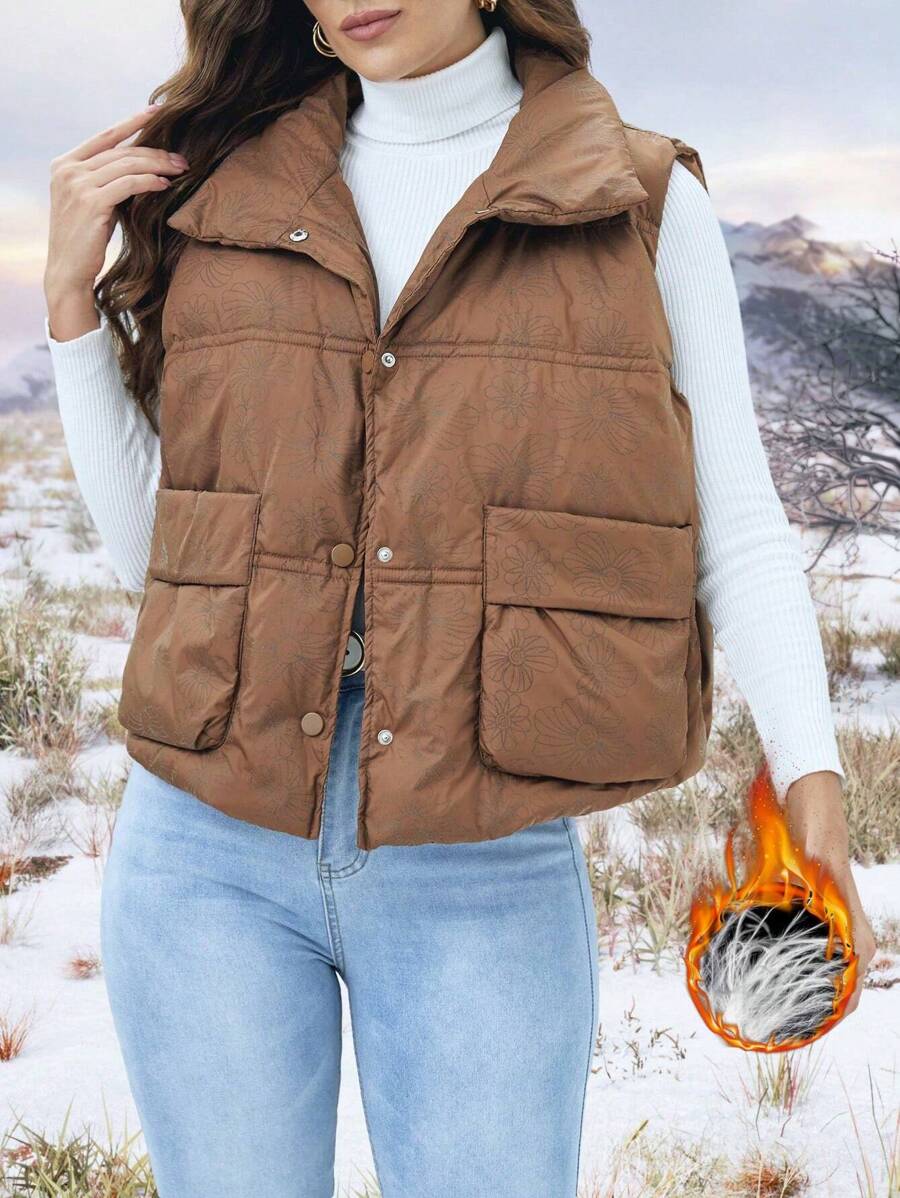 SHEIN Unity Flap Pocket Puffer Gilet - Coffee Brown - View 1