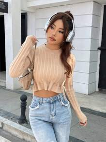 SHEIN Unity Maglione corto a maglia con orlo a cordoncino, adatto per l'autunno e l'inverno - Cachi - Visualizzare 4