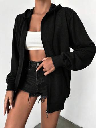 100%Cotton Solid Zip Up Drawstring Hoodie