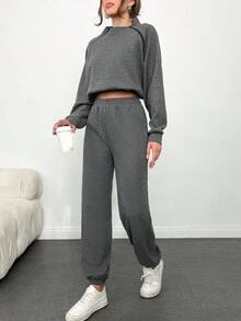 EURMUSE Women'S Stand Collar Raglan Sleeve Top And Pants Two Piece Set - Grey - View 4