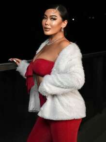 SHEIN SXY Solid Open Front Fuzzy Coat - Grey - View 5