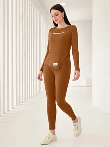 Mulvari Thư được vá Cắt ra Áo thun và Leggings - Màu Khaki - Xem 3