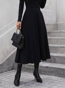 Chiquease Solid High Waist Flare Skirt - Black - View 6