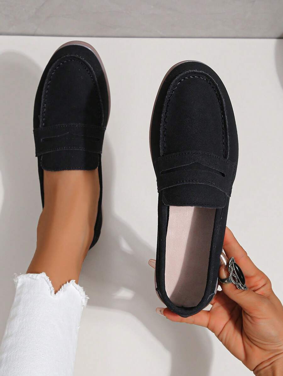 女性一腳蹬樂福鞋帶打開帶設計和裝飾扣飾,黑色正式鞋 - 黑色 - 查看 1