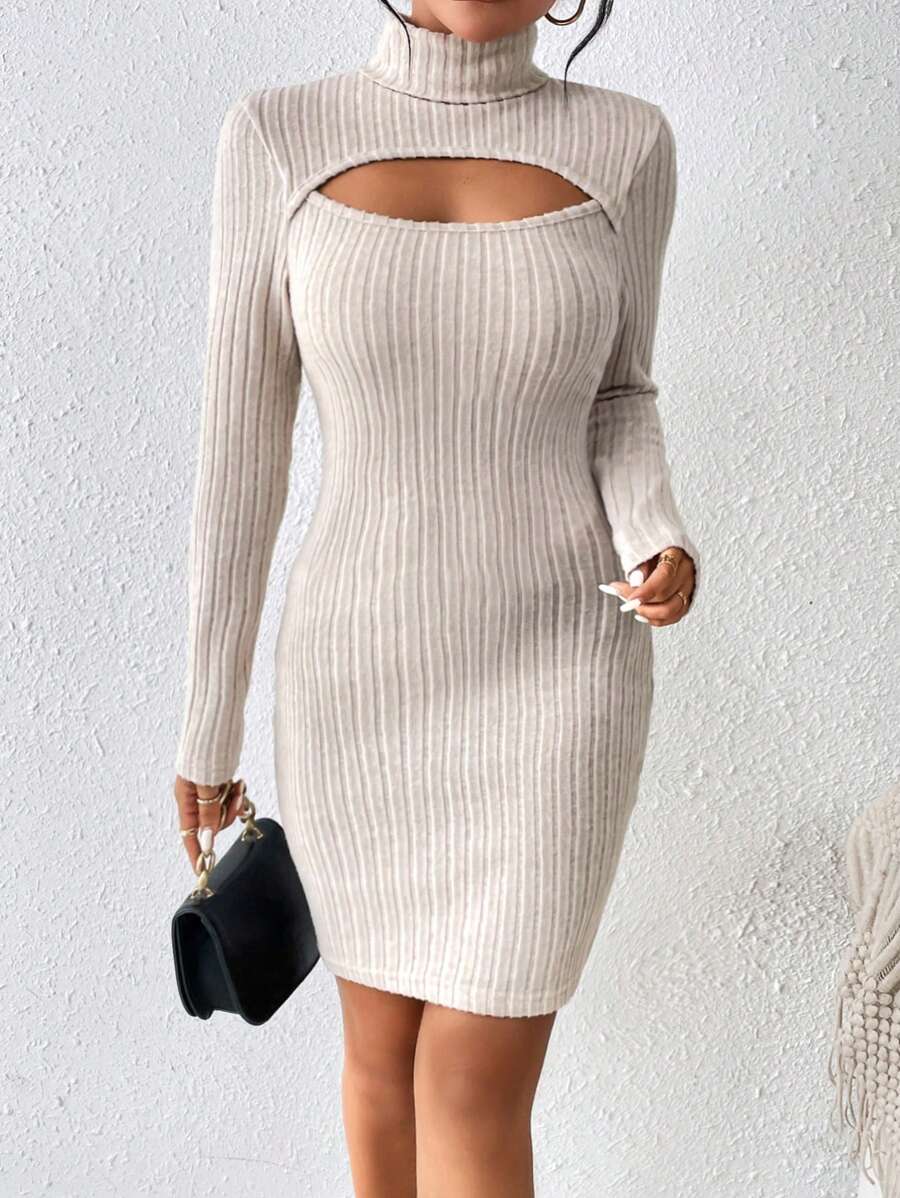 SHEIN LUNE Cắt ra phía trước Cổ giả Váy bodycon - Màu be - Xem 1