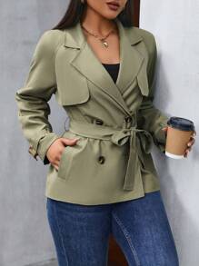 SHEIN LUNE NỮ Đôi ngực Áo khoác Trench - xanh quân đội - Xem 1