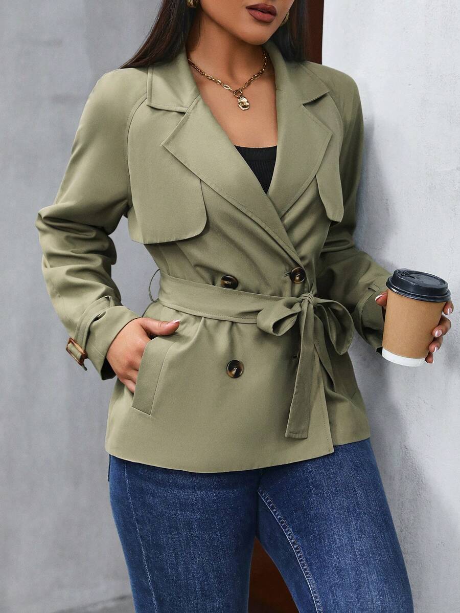 SHEIN LUNE NỮ Đôi ngực Áo khoác Trench - xanh quân đội - Xem 1