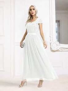 Vestido formal con manga japonesa y encaje en contraste - Blanco - Ver 4