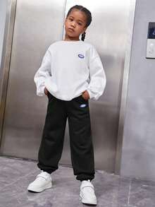 SHEIN Tween Girl Slogan Graphic Drop Shoulder Pullover & Sweatpants - Black - View 3