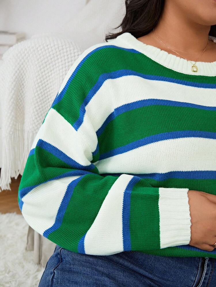 Plus Size Striped Sweater With Drop Shoulder Design