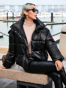 SHEIN Essnce Abrigo acolchado con cremallera, capucha y manga larga de unicolor para mujer, ropa de invierno - Negro - Ver 3