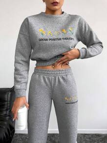 RueChic 字母花卉刺繡落肩袖衛衣和衛褲 - 灰色 - 查看 3