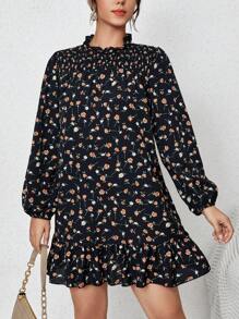 SHEIN Unity 大碼碎花燈籠袖荷葉邊娃娃裙 - 黑色 - 查看 6