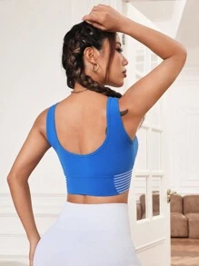 SHEIN 條紋印花短款運動型胸罩 - 寶藍色 - 查看 2