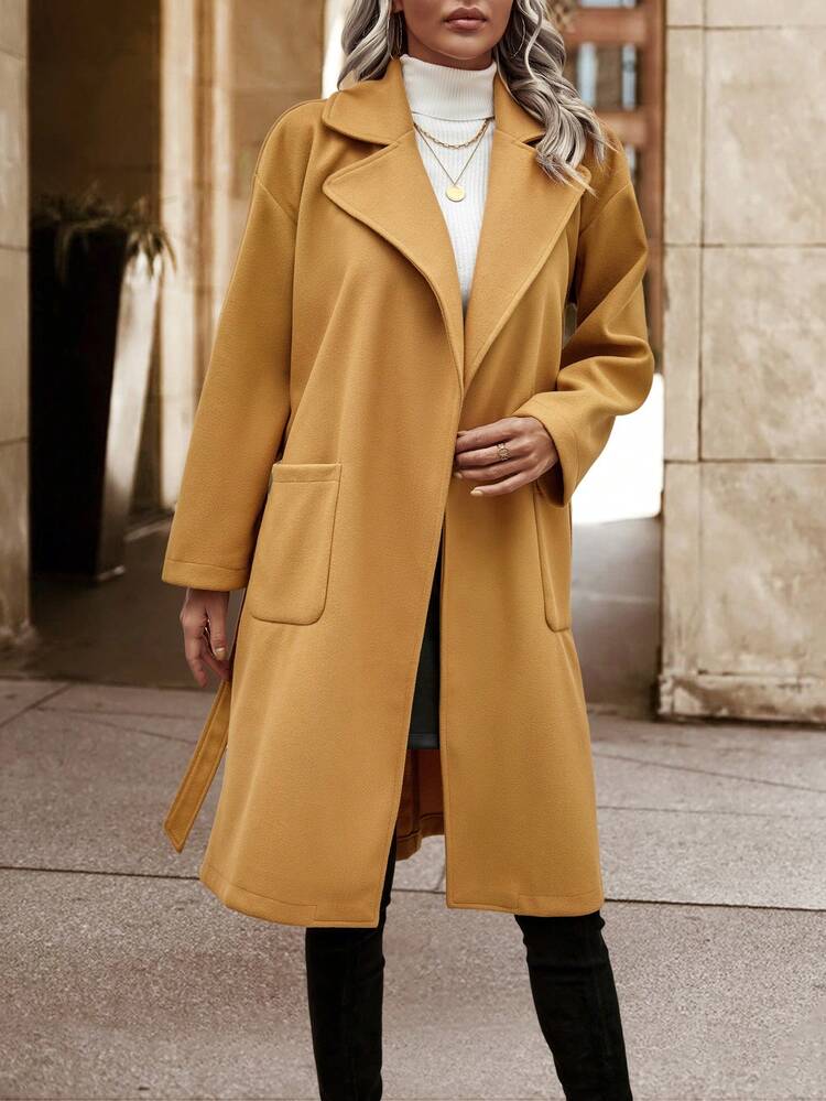 Lapel Neck Drop Shoulder Pocket Patched Belted Overcoat Fall Cloth For Women