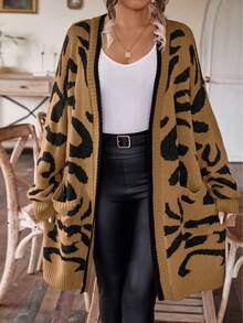 SHEIN LUNE 大碼圖形圖案落肩袖開襟衫 - 卡其色 - 查看 4