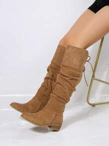 女士时尚靴子，2024年新款秋冬侧扣设计及膝马靴，黑色 - 棕色 - 查看 1