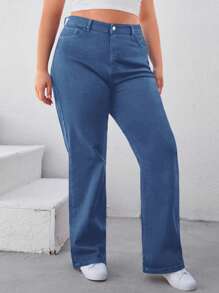 RueChic Plus Solid Straight Leg Jeans - Blue - View 4