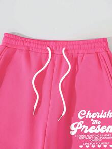 SHEIN EZwear 標語圖案加絨內裏運動衫&腰部抽繩衛褲 - 玫紅色 - 查看 8
