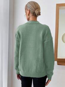 EURMUSE Round Neck Solid Color Drop Shoulder Casual Sweater - Mist Green - View 2