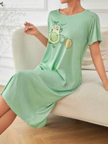 Cartoon Graphic Pajama Nightdress - Green - View 5