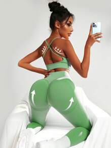 Dewbera 2pcs Seamless High Stretch Yoga Set Tracksuit Gym Set Crisscross Back Cami Hip-Hugging Tummy Control Leggings Workout Women Set Women Leggings Set - Lime Green - View 1