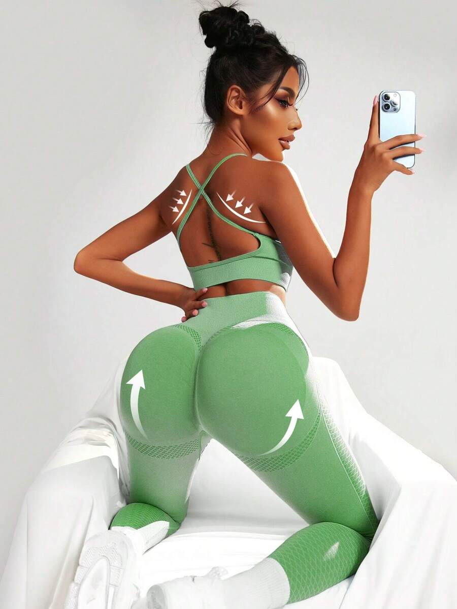 Dewbera 2pcs Seamless High Stretch Yoga Set Tracksuit Gym Set Crisscross Back Cami Hip-Hugging Tummy Control Leggings Workout Women Set Women Leggings Set - Lime Green - View 1