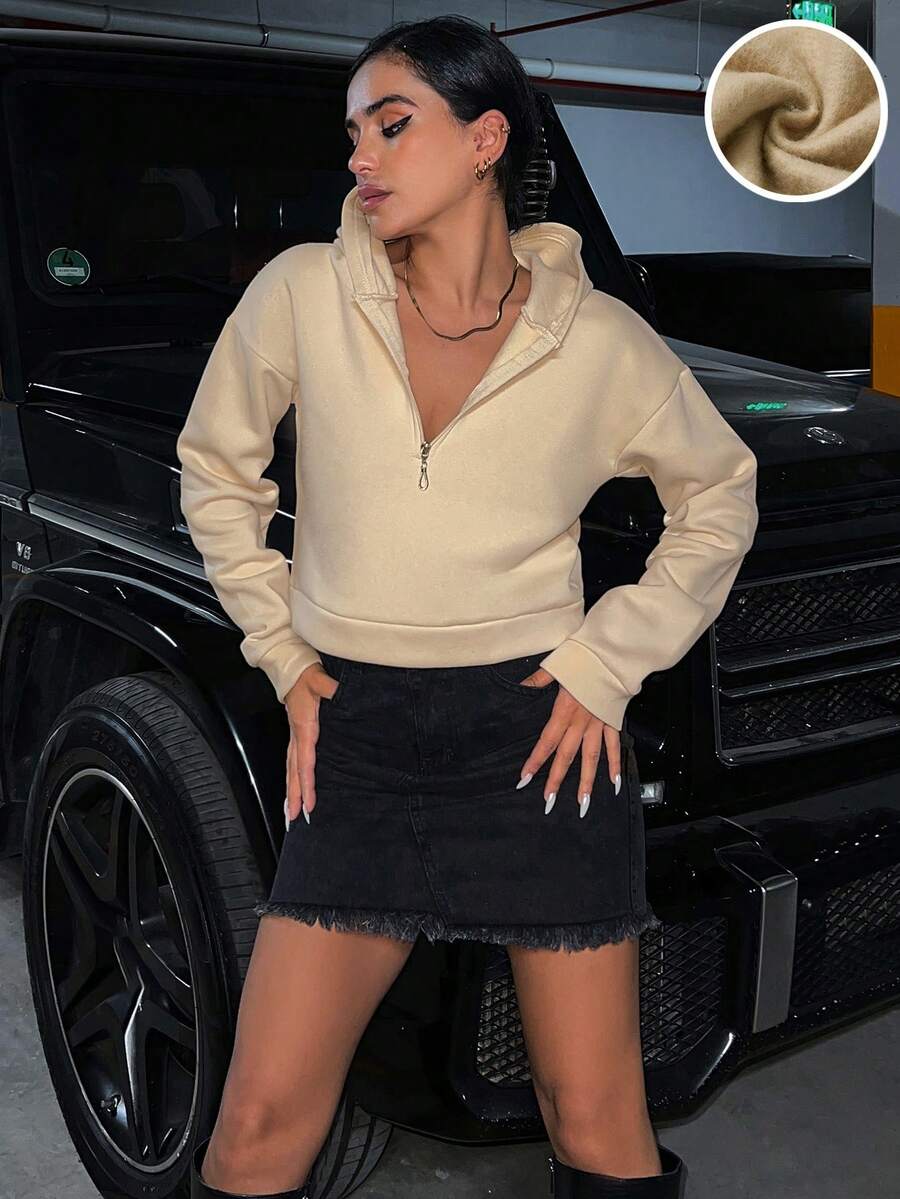 Cottnline 半拉鏈落肩袖短款連帽衫 - 米色 - 查看 1