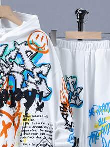 男大童卡通和標語圖案連帽衫和運動褲 - 白色 - 查看 3