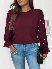 SHEIN Unity Plus Size Solid Color Round Neck Raglan Lantern Sleeve Beaded Elegant Blouse - Burgundy - View 6